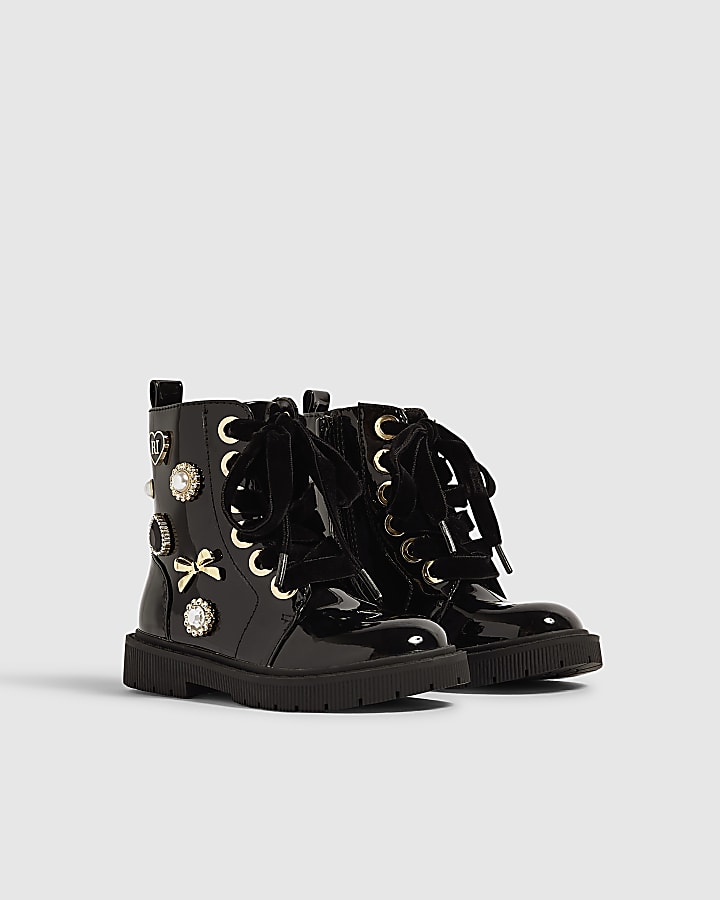 Mini Girls Black Jewel Trim Lace Up Boots