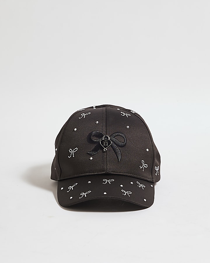 Girls Black Diamante Bow Cap
