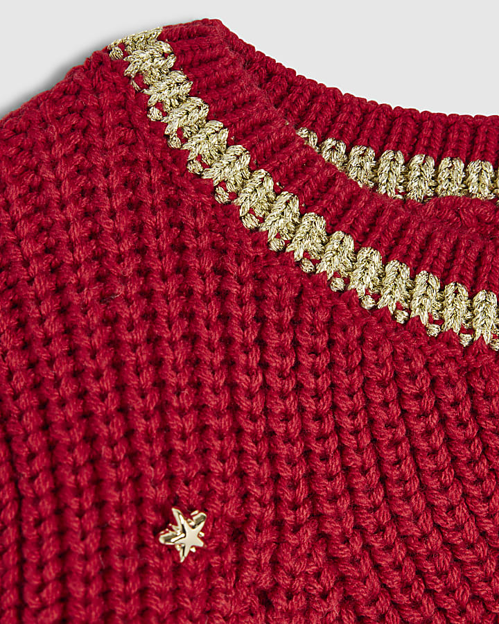 Mini Girls Red Chunky Knit Charm Jumper