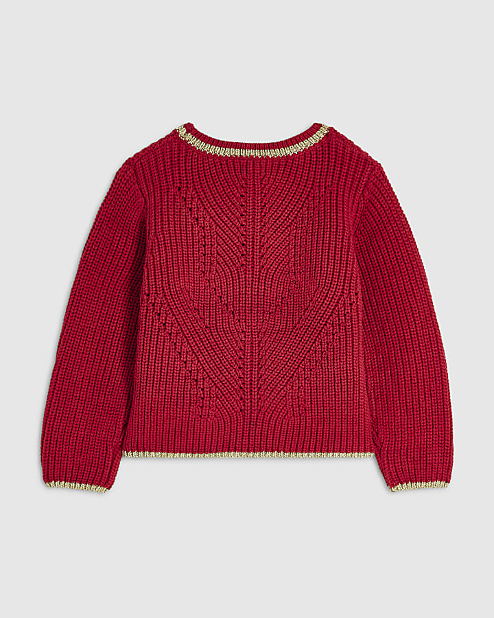 Mini Girls Red Chunky Knit Charm Jumper