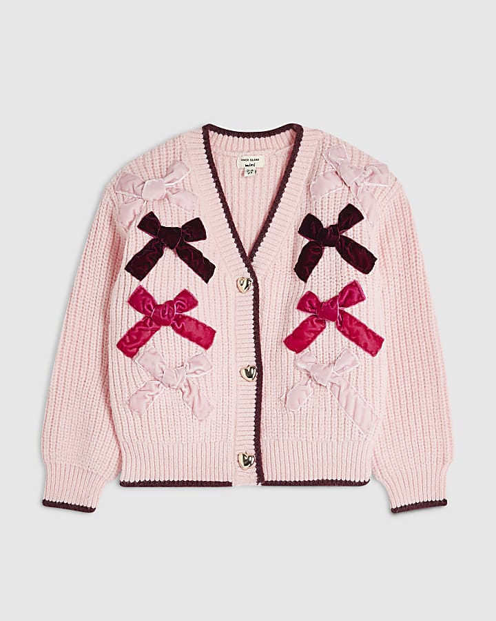 Mini Girls Pink Velvet Bow Cardigan