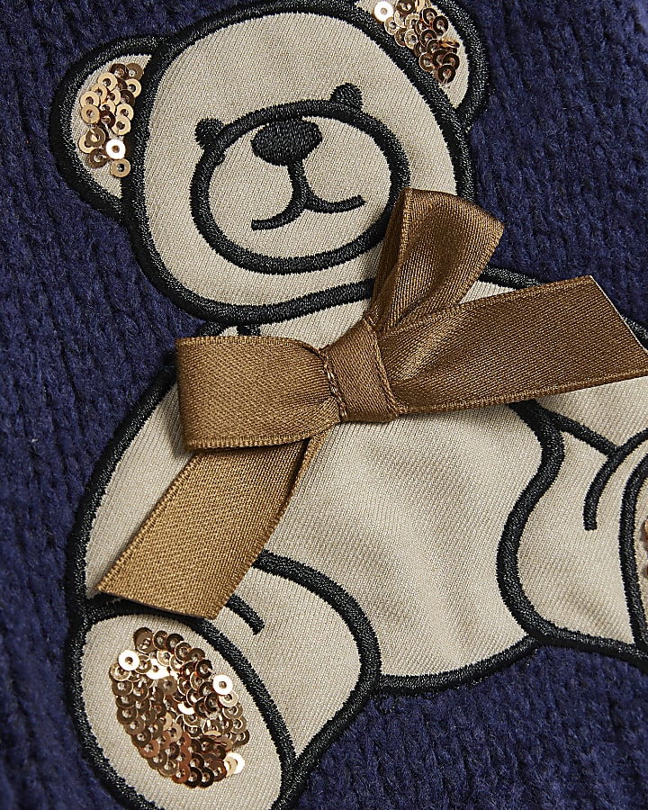 Mini Girls Navy Bear Cardigan