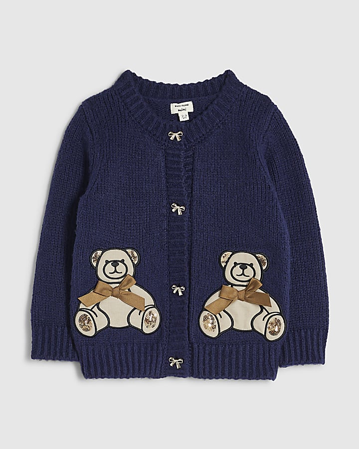 Mini Girls Navy Bear Cardigan