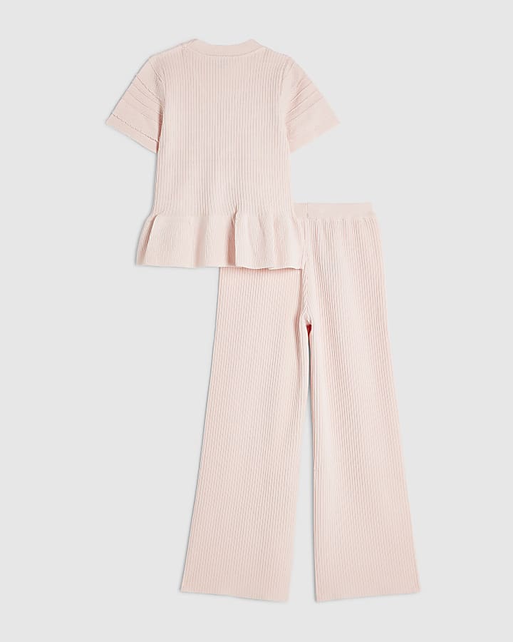 Girls Pink Knitted Wide Leg Trousers Set