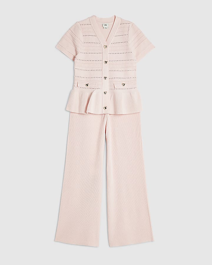 Girls Pink Knitted Wide Leg Trousers Set