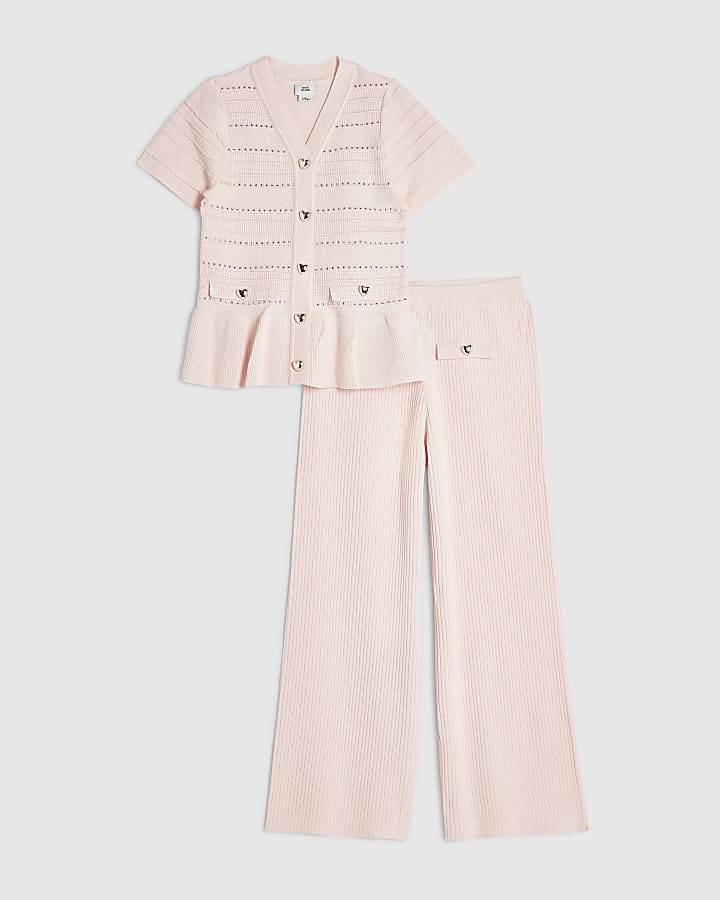 Girls Pink Knitted Wide Leg Trousers Set