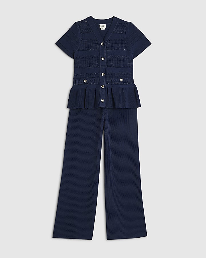 Girls Navy Knitted Wide Leg Trousers Set