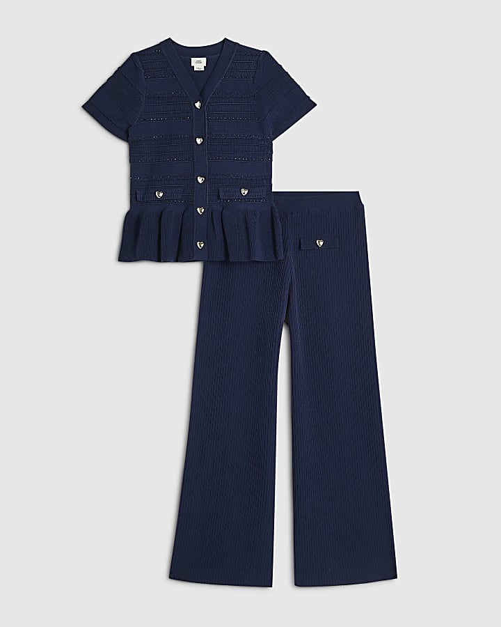 Girls Navy Knitted Wide Leg Trousers Set