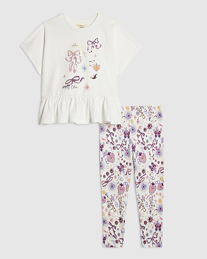 Mini Girls Cream Bow Print Leggings Set