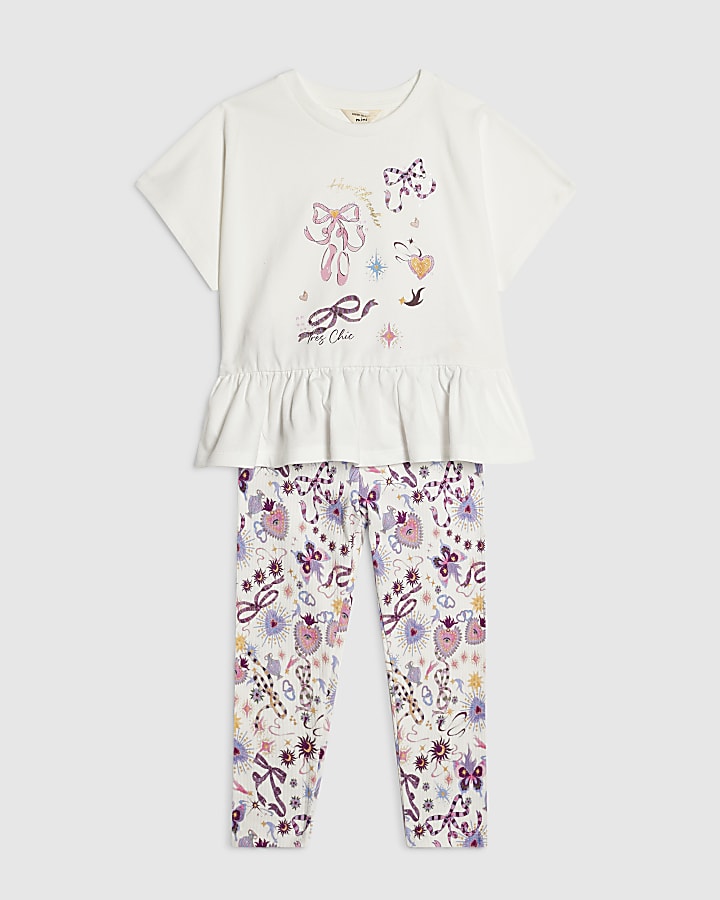 Mini Girls Cream Bow Print Leggings Set