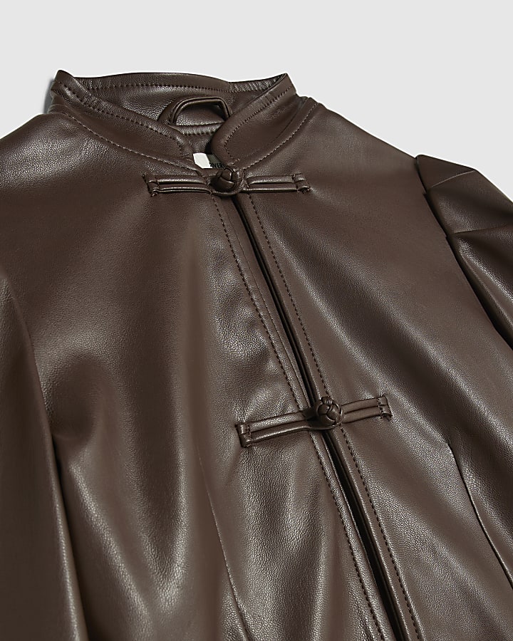 Girls Brown Faux Leather Frogging Jacket