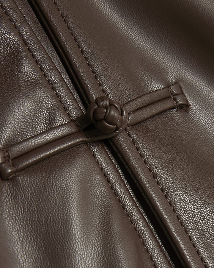 Girls Brown Faux Leather Frogging Jacket