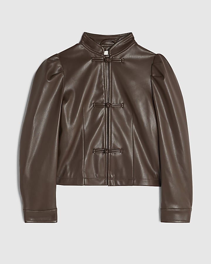 Girls Brown Faux Leather Frogging Jacket