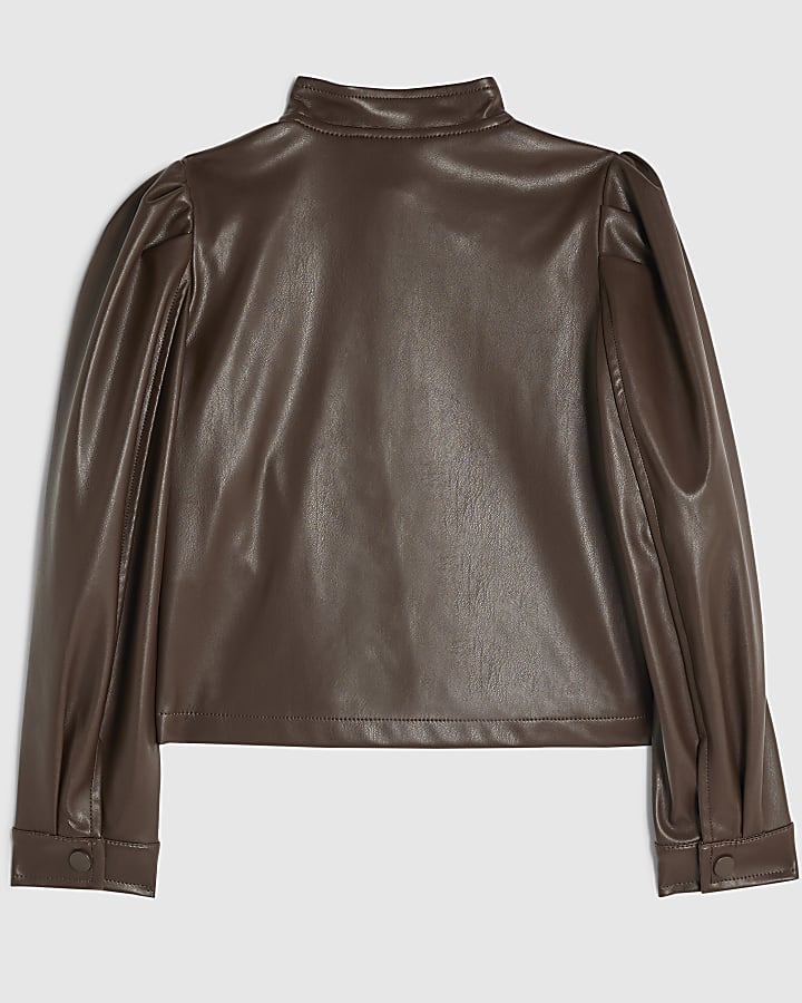 Girls Brown Faux Leather Frogging Jacket