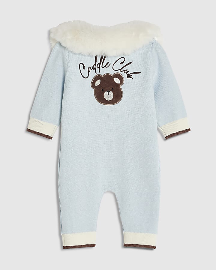 Baby Boys Blue Faux Fur Cable Knit All In One