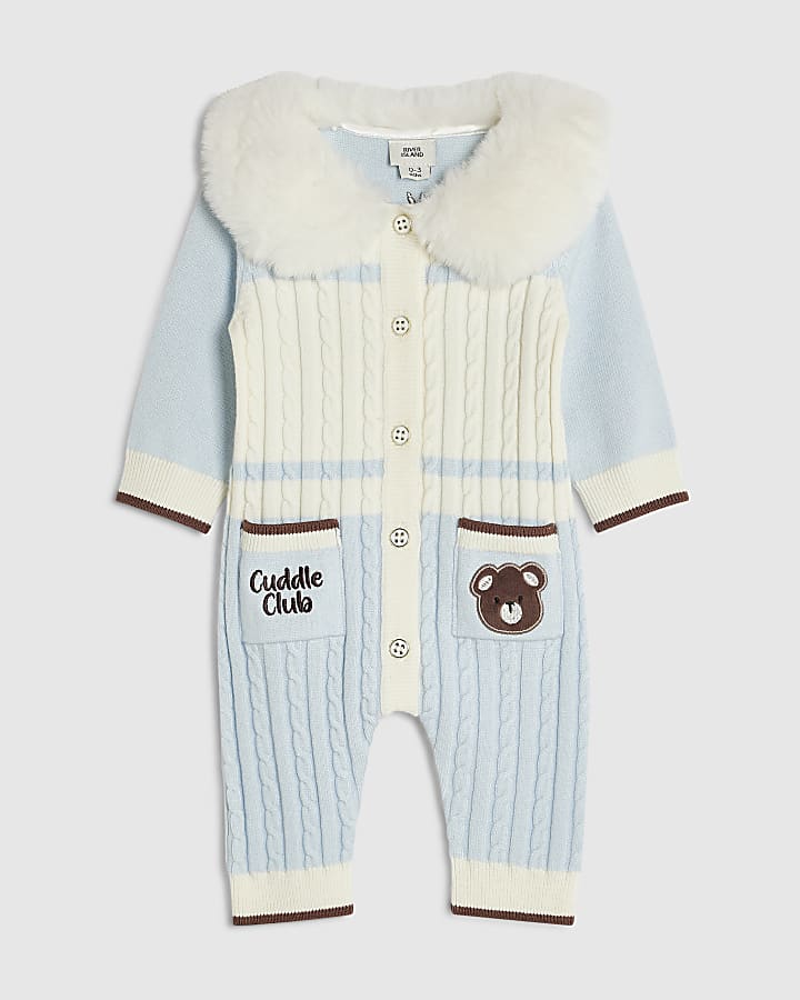 Baby Boys Blue Faux Fur Cable Knit All In One