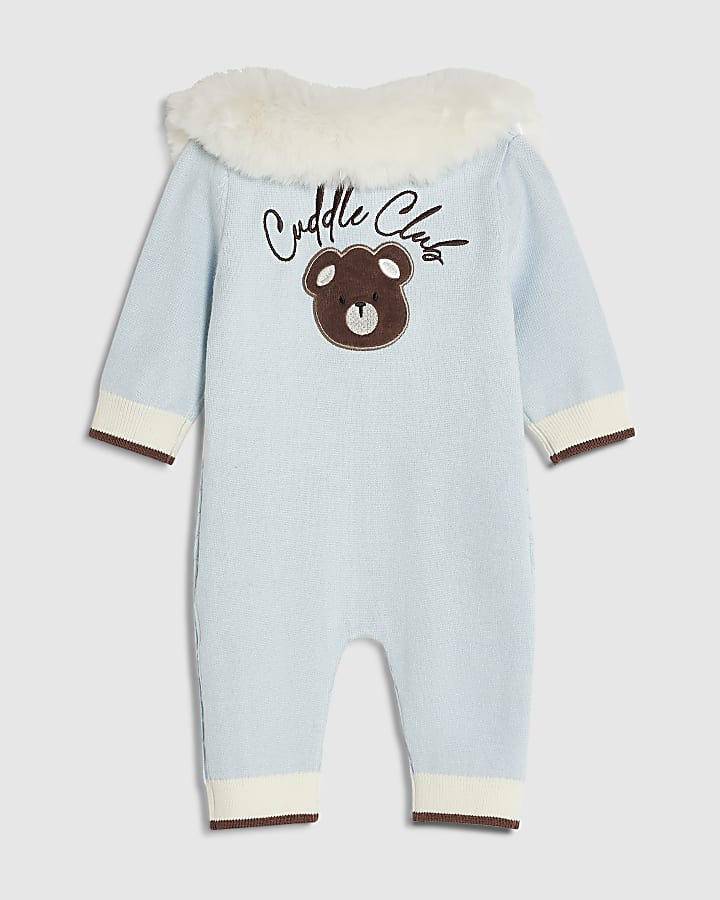 Baby Boys Blue Faux Fur Cable Knit All In One