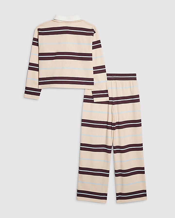 Girls Pink Stripe Polo Wide Leg Trousers Set