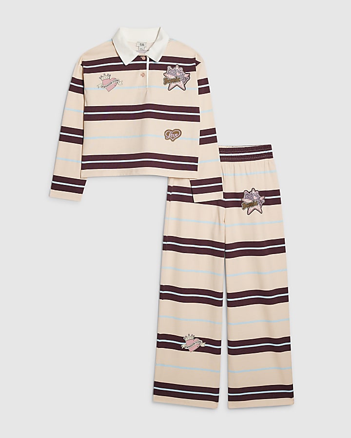 Girls Pink Stripe Polo Wide Leg Trousers Set