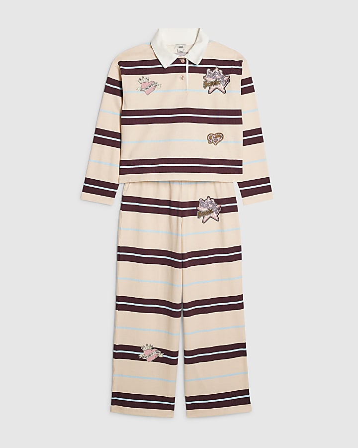 Girls Pink Stripe Polo Wide Leg Trousers Set