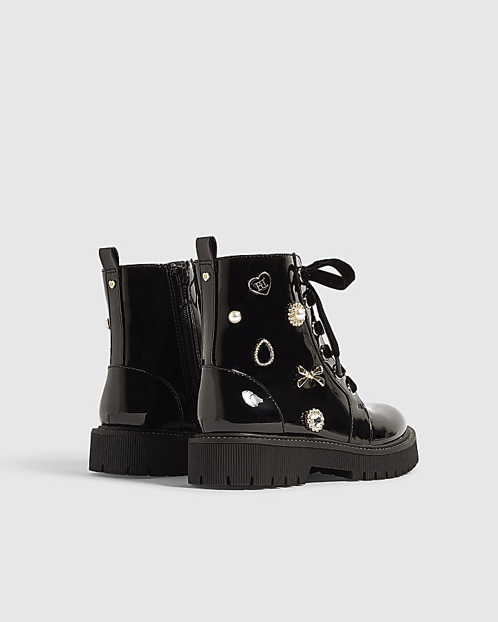 Girls Black Patent Jewel Trim Lace Up Boots
