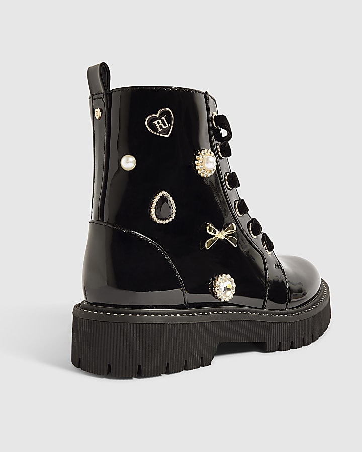 Girls Black Patent Jewel Trim Lace Up Boots