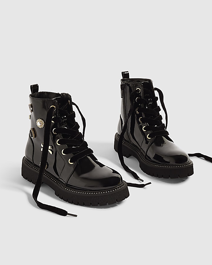 Girls Black Patent Jewel Trim Lace Up Boots