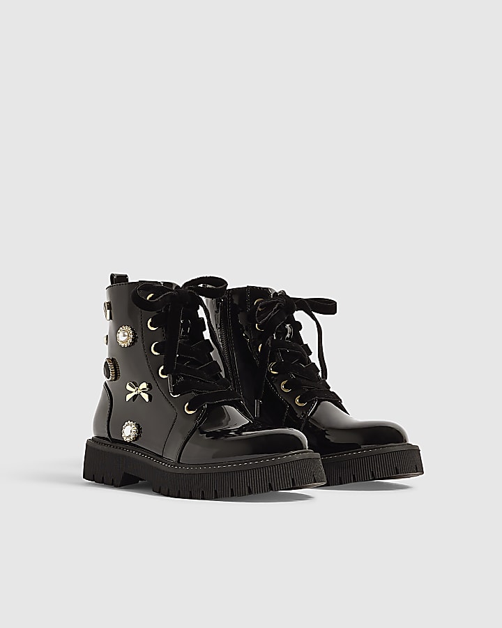 Girls Black Patent Jewel Trim Lace Up Boots