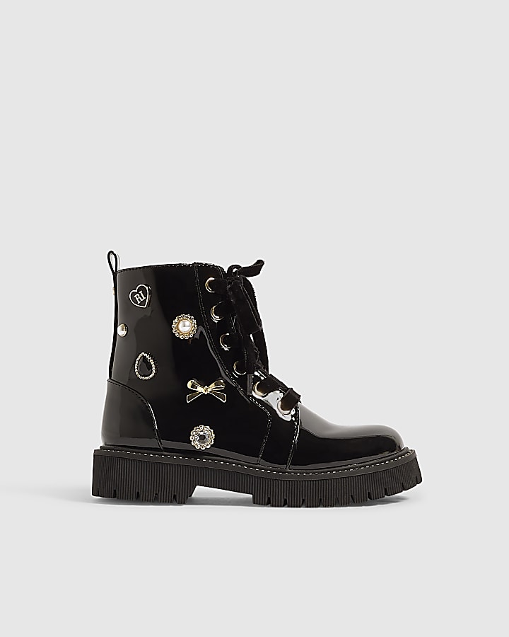 Girls Black Patent Jewel Trim Lace Up Boots