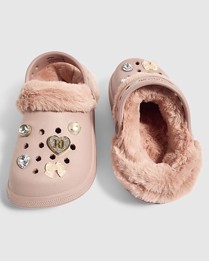 Girls Pink Faux Fur Lined Gem Clogs