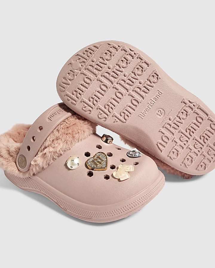 Girls Pink Faux Fur Lined Gem Clogs