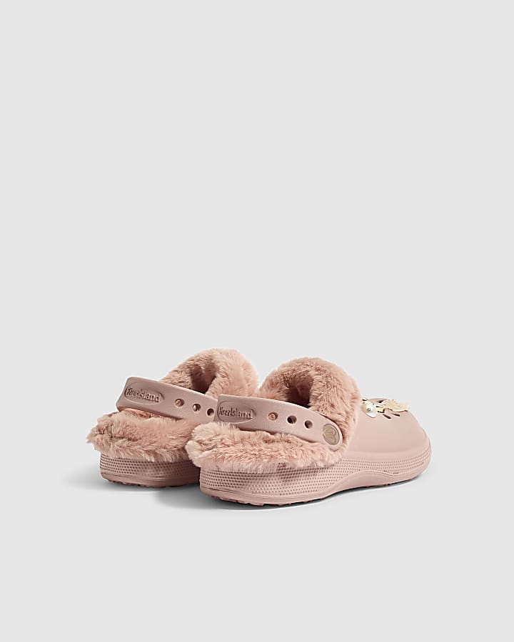 Girls Pink Faux Fur Lined Gem Clogs