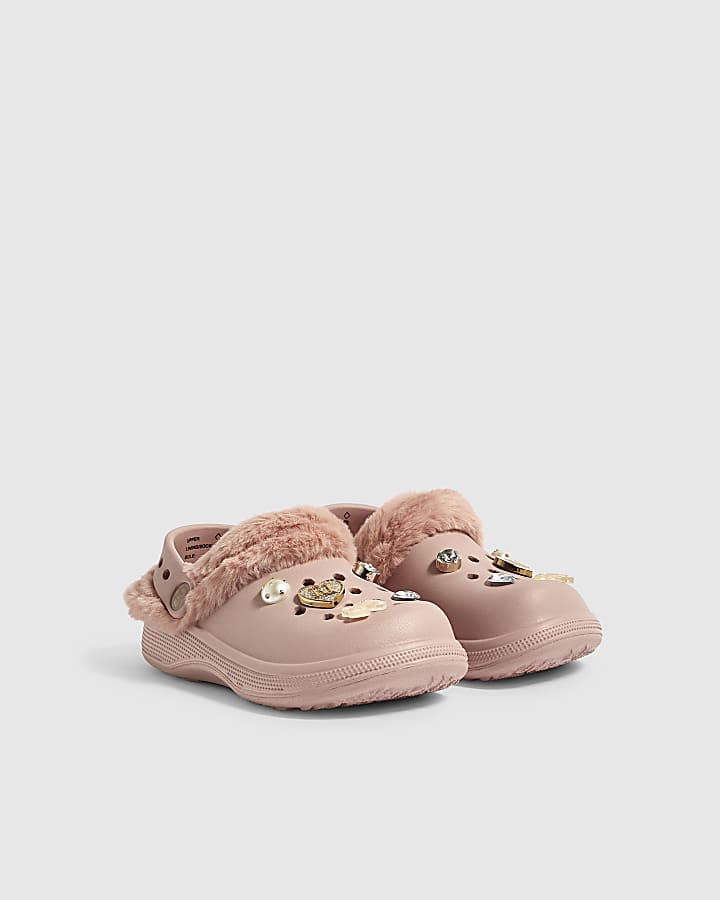 Girls Pink Faux Fur Lined Gem Clogs