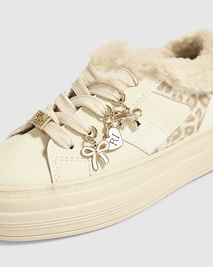 Girls Beige Charm Fur Lined Leopard Trainers