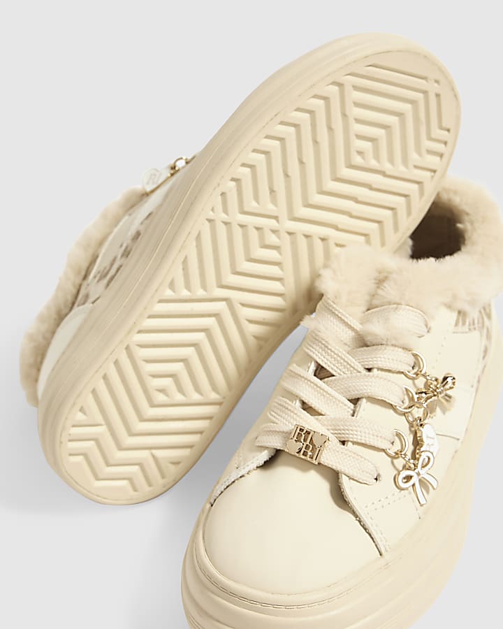 Girls Beige Charm Fur Lined Leopard Trainers