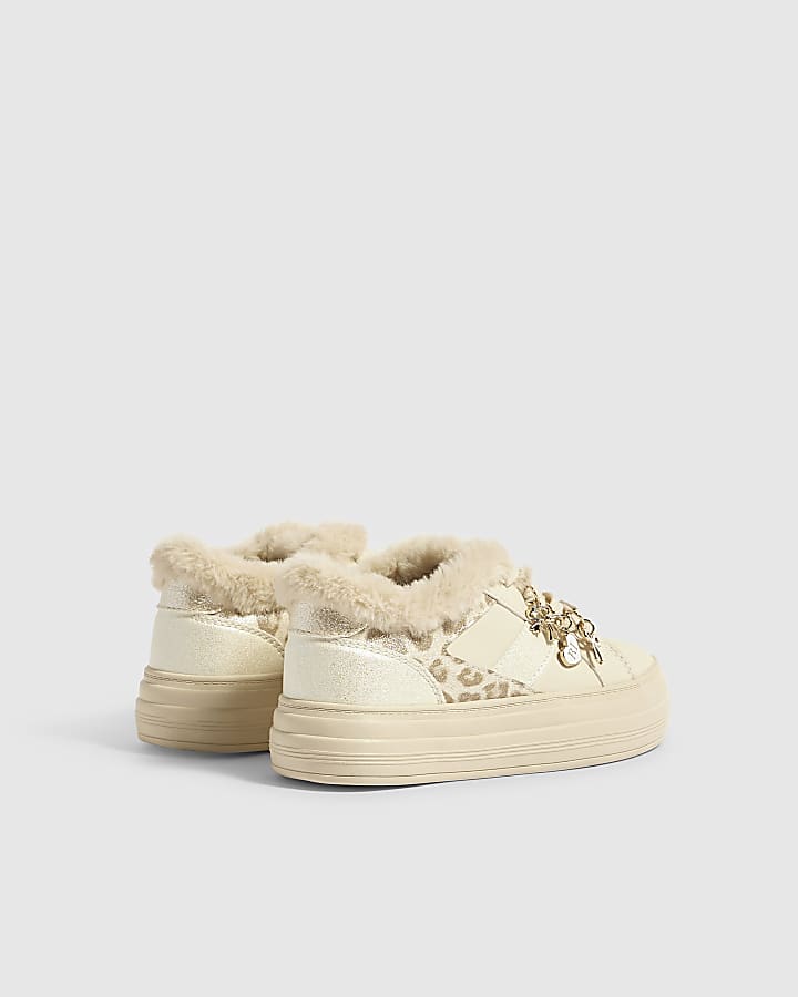 Girls Beige Charm Fur Lined Leopard Trainers
