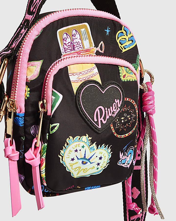 Girls Black Doodle Print Crossbody Bag
