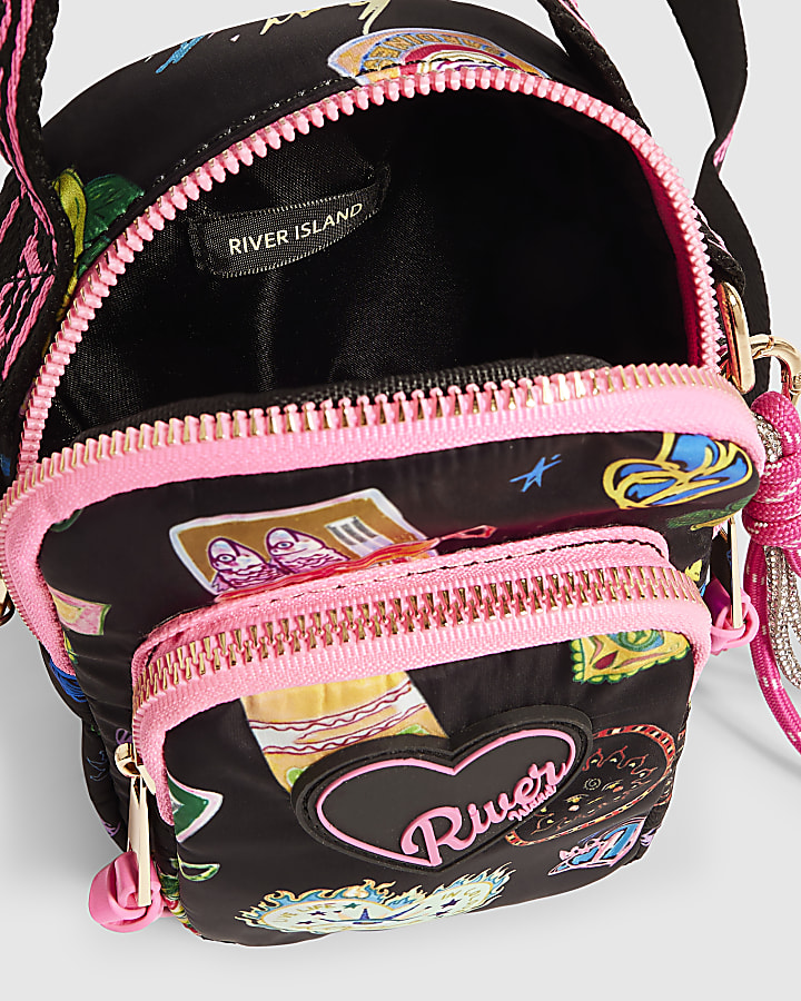 Girls Black Doodle Print Crossbody Bag