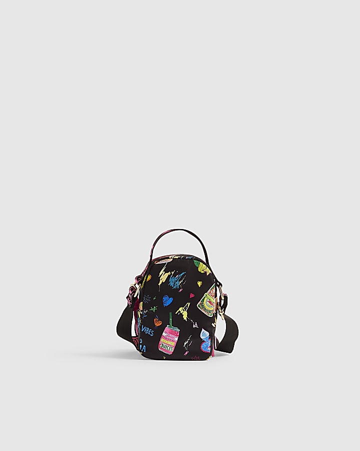 Girls Black Doodle Print Crossbody Bag