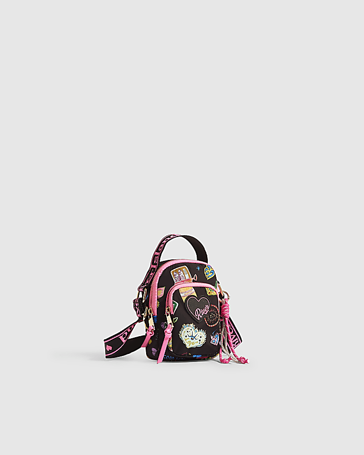 Girls Black Doodle Print Crossbody Bag