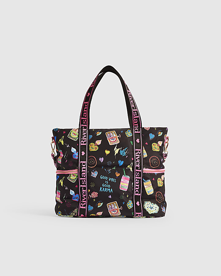 Girls Black Doodle Print Shopper Bag