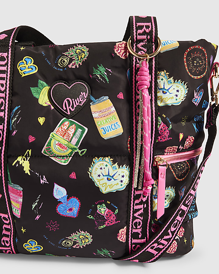 Girls Black Doodle Print Shopper Bag