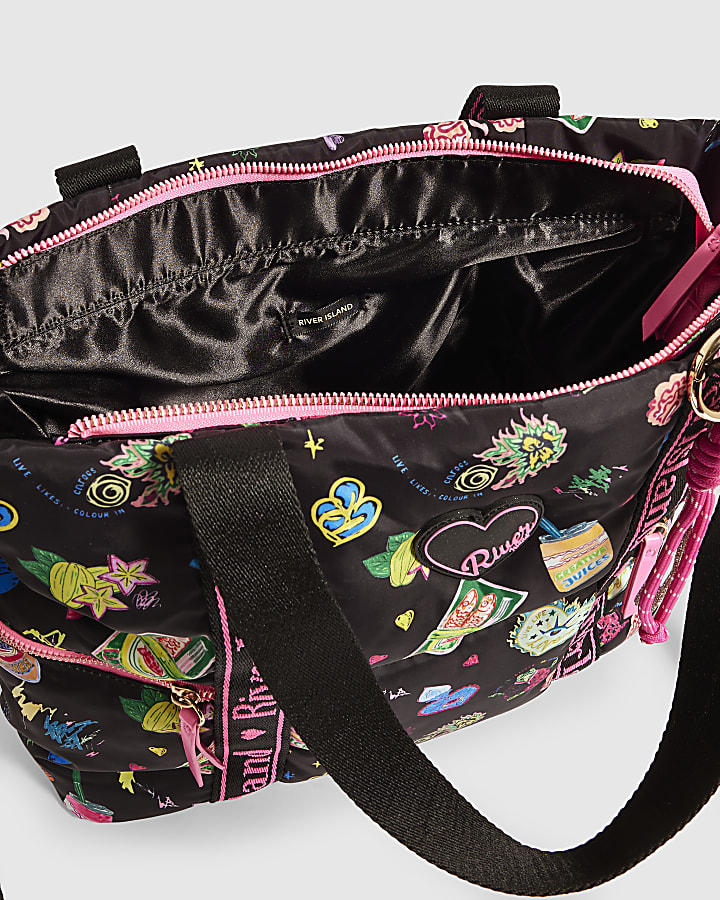 Girls Black Doodle Print Shopper Bag
