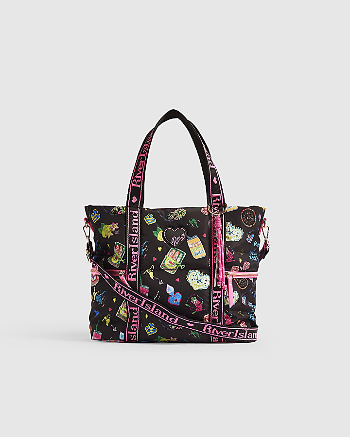 Girls Black Doodle Print Shopper Bag