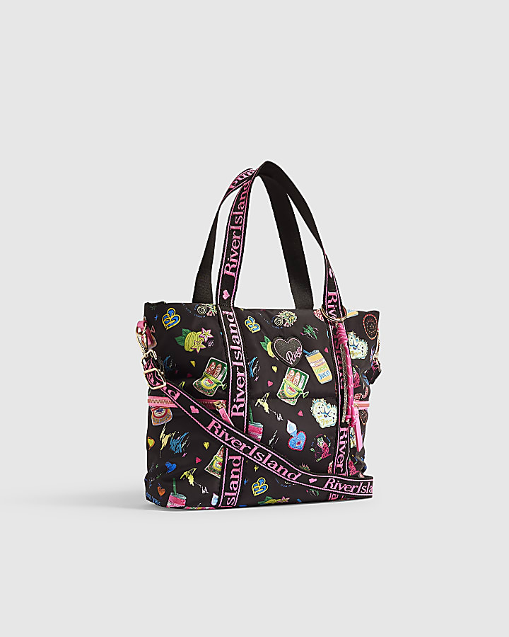 Girls Black Doodle Print Shopper Bag