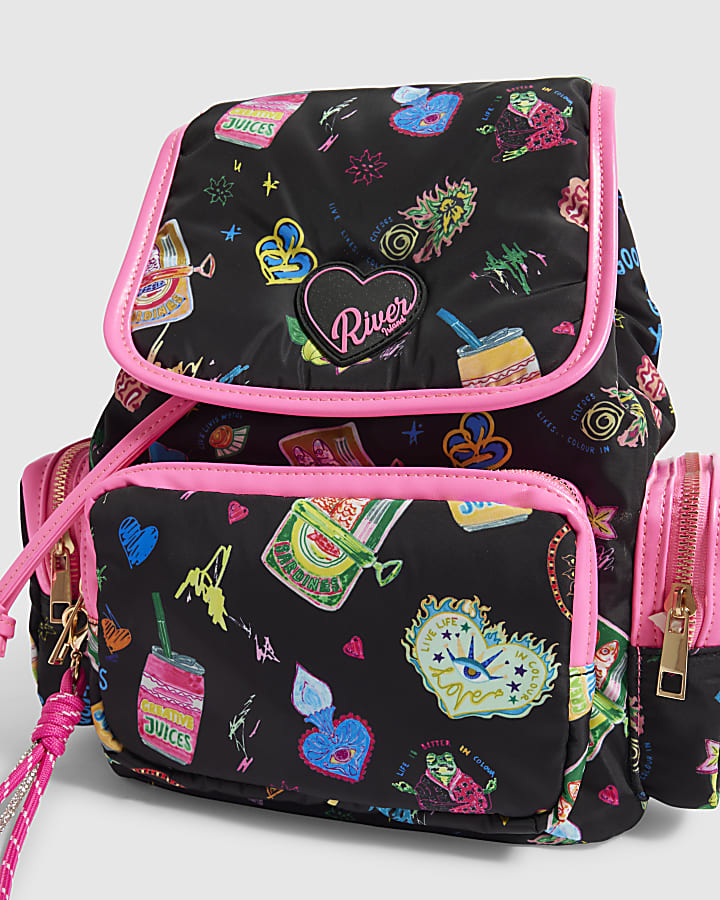 Girls Black Doodle Print Backpack With Charms