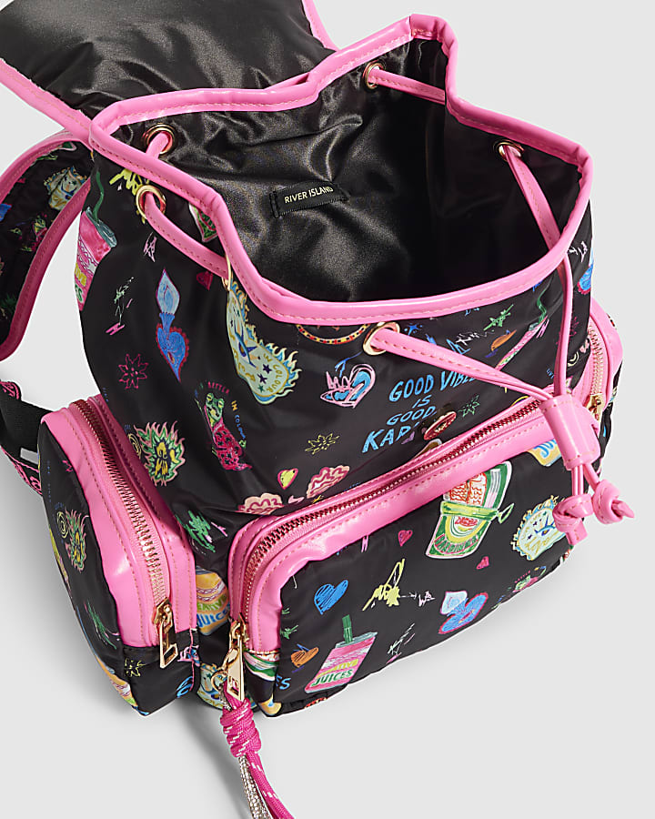 Girls Black Doodle Print Backpack With Charms