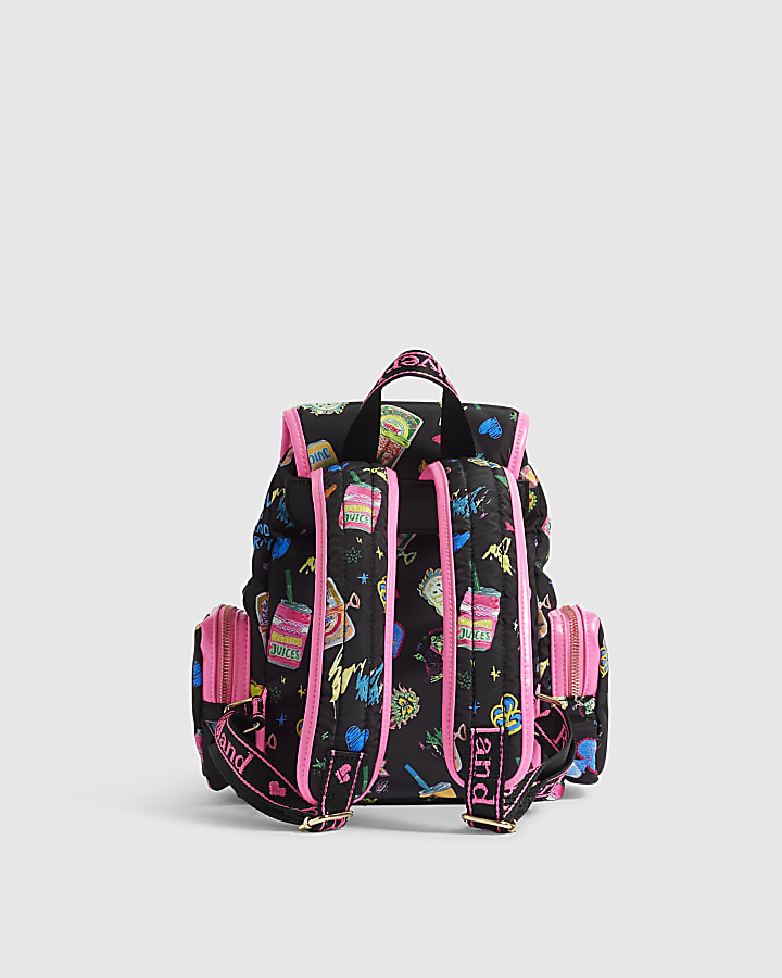 Girls Black Doodle Print Backpack With Charms