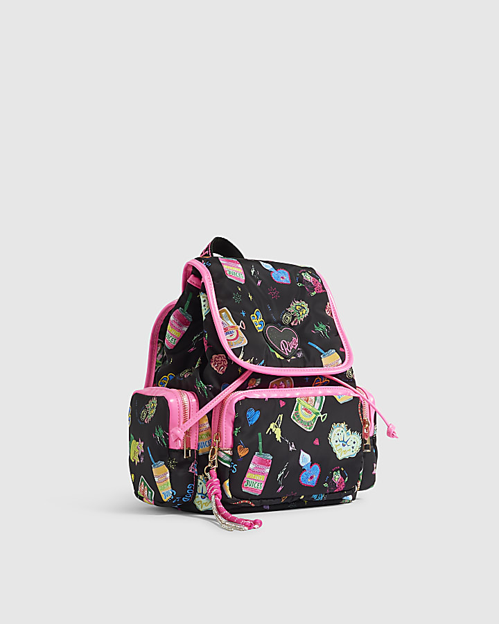 Girls Black Doodle Print Backpack With Charms