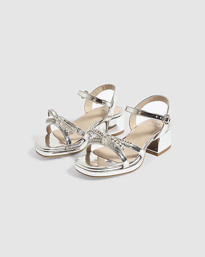 Girls Silver Diamante Heel Sandals